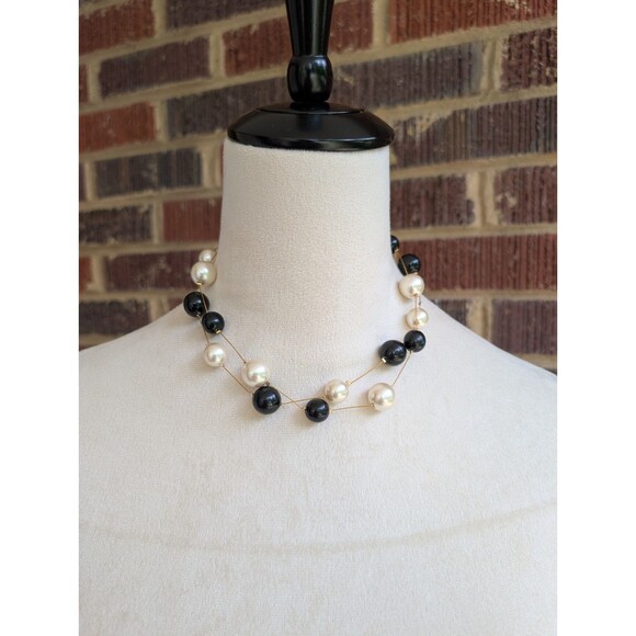 Vintage TopFrog Gold Tone 2 Strand Beaded Necklace-16 to 18"-Faux Onyx and Pearl - Picture 1 of 5